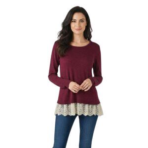 NEW DIRECTIONS Women's Tunic Sweater Large Maroon Acrylic Winter Ruffled Lace